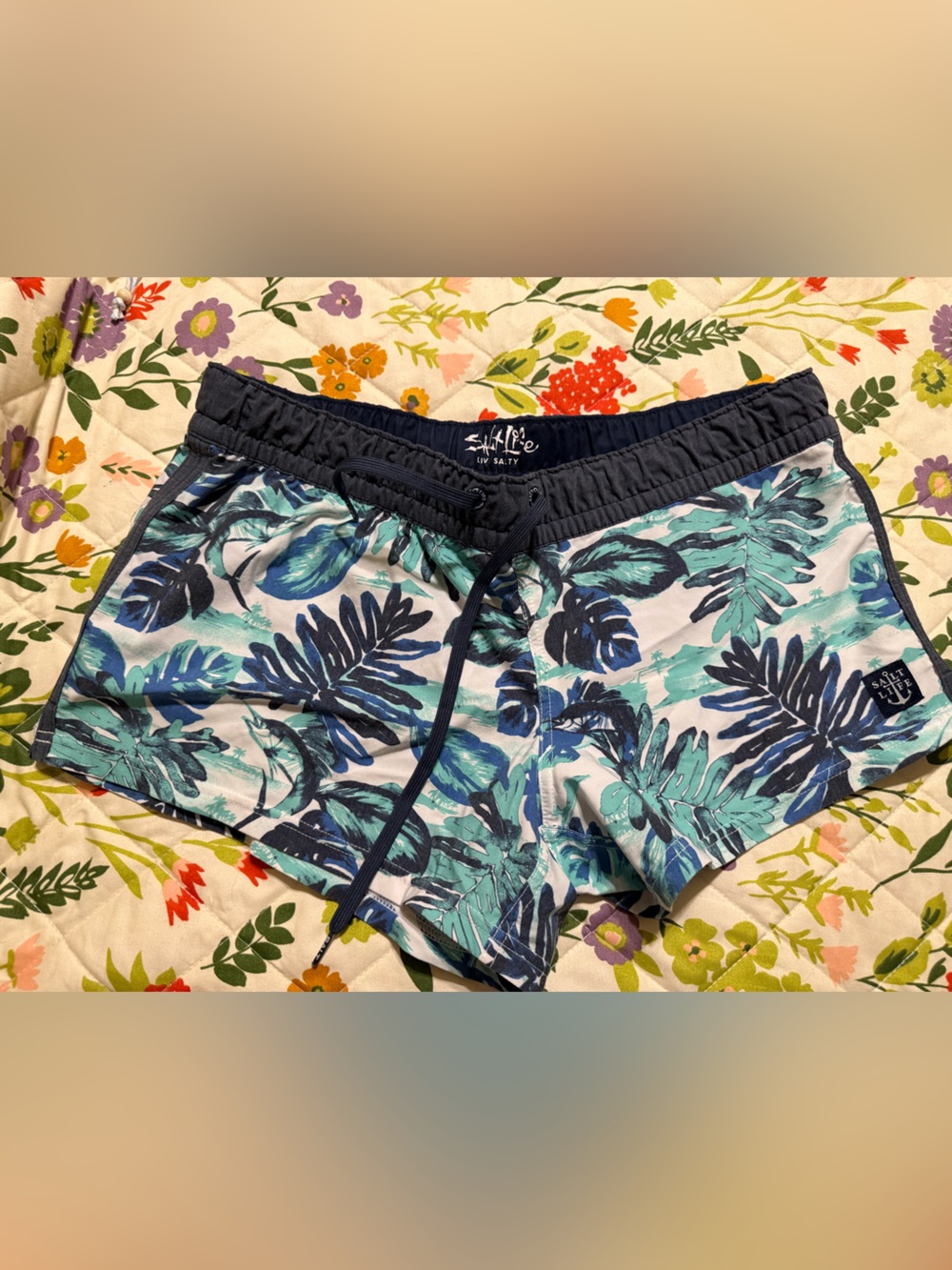 Stylish Women Tropical Print Swim Shorts - Navy & Teal